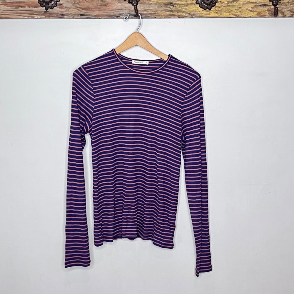 Marine Layer Women's Lexi Rib Crew Tee Top Blue and Orange Stripe- Size XL